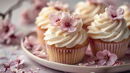 Vanilla cupcakes topped with pink edible flowers, close-up of elegant floral desserts, romantic theme food photography, pastel background, spring dessert inspiration, gourmet bakery treats

