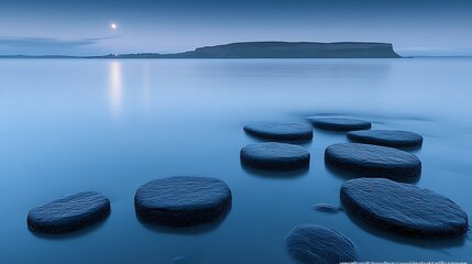 Serene moonlit landscape with stones in tranquil water