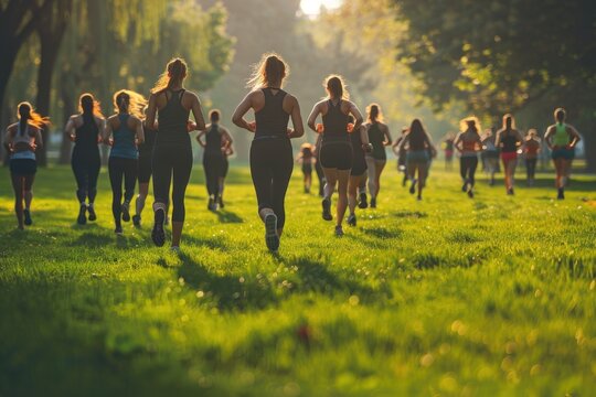 Participants engage in a lively outdoor fitness bootcamp on a grassy field under bright sunlight