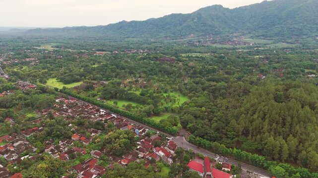 Aerial view of the mandala-shaped Borobudur temple, the world's largest Buddhist monument, in Central Java, Indonesia
