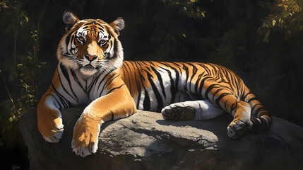 Regal Respite: A Striking Tiger Bathed in Sunlight on a Rock in the Heart of the Jungle