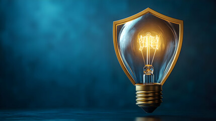 Protected Idea Illuminated bulb inside shield, dark blue background.  Concept for security, innovation, and protection