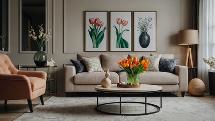 Home interior with easter decor. Mockup with a white frame and spring flowers in a vases on a light background