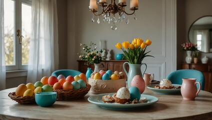 Interior design of easter dining room interior with round table, colorful eggs, easter cake