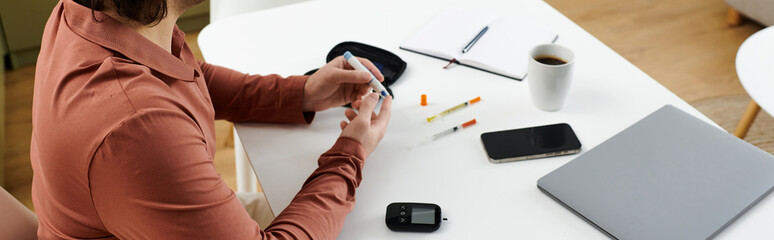 Daily routine of a young man managing diabetes in a modern home environment