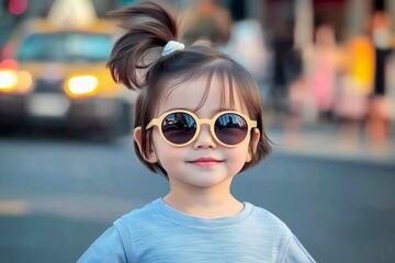 Cute little child with sunglasses on a city street background