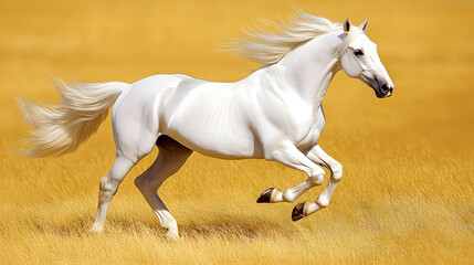 Obraz premium A Stunning Playful White Horse Galloping Through a Sun-Drenched Pasture with a Flowing Mane Surrounded by Golden Grass