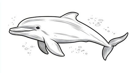 Playful Dolphin Line Art, Cartoon Style Illustration of an Aquatic Mammal for Coloring Pages