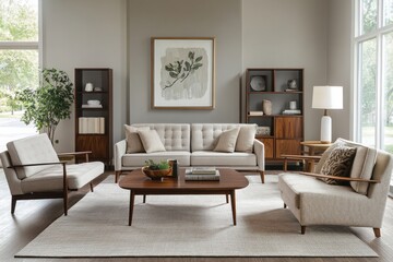 This stylish living room showcases neutral fabrics, eco-friendly finishes, and timeless design elements for a cozy feel