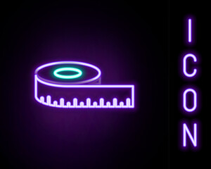 Glowing neon line Tape measure icon isolated on black background. Measuring tape. Colorful outline concept. Vector