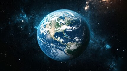 Earth from space with stars and galaxy in the background.