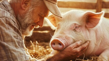 Farmer bonding with pig in warm sunlight at rural barn.