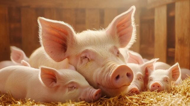 Mother pig resting with piglets in warm barn light.