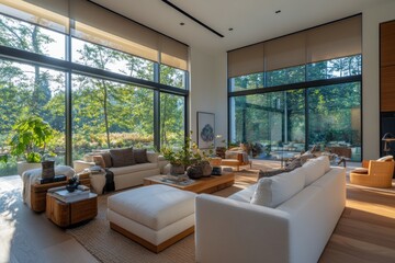 Fototapeta premium Bright, spacious living room with large windows and eco-friendly, sustainable furniture