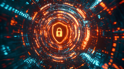Obraz premium Abstract background featuring a glowing shield symbolizing cybersecurity in a futuristic digital environment with vibrant colors and dynamic light patterns