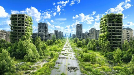 Fototapeta premium Ruined buildings and overgrown vegetation dominate a once bustling urban street in daylight