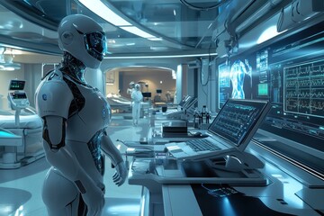 A highly advanced research facility showcases robotic surgeons and cutting-edge diagnostic tools improving patient care