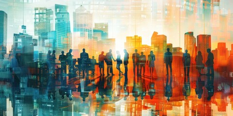 Silhouettes of People on a Cityscape Background