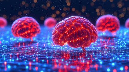 Colorful brain like structures glow against a shimmering background, enhancing the dreamy atmosphere