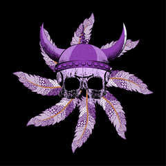 Viking skull with feathers t-shirt design on black background. Mandala. 