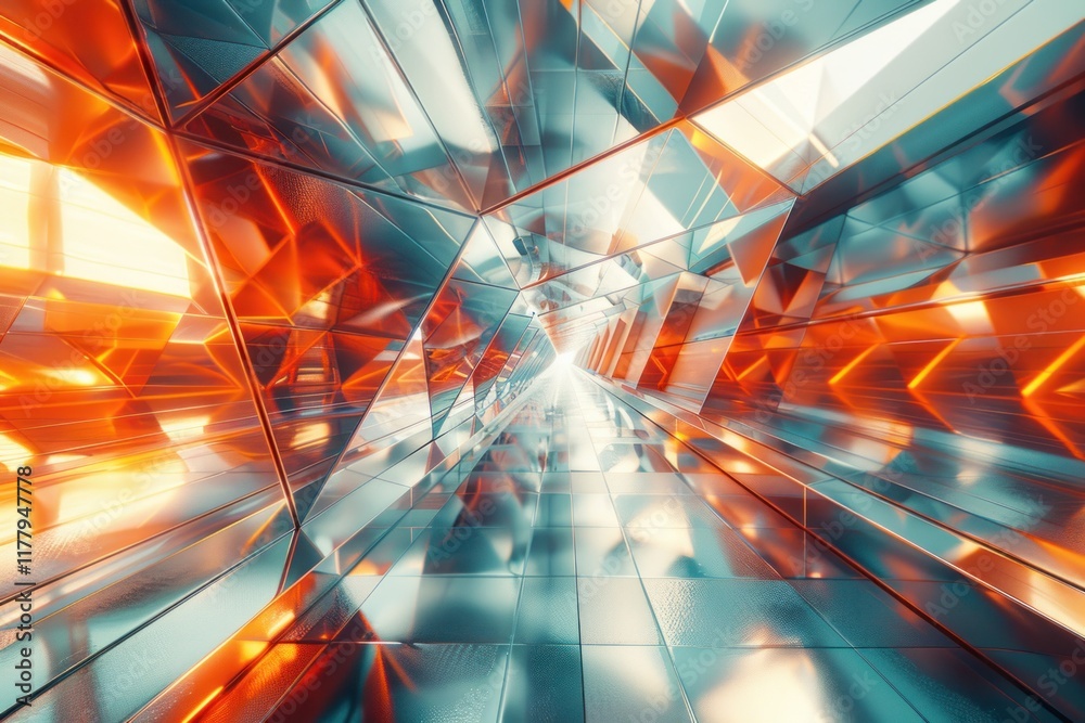 Poster a three-dimensional maze of reflective surfaces creates a captivating display of glowing light and s