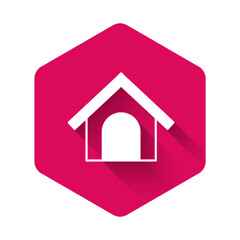 White Dog house icon isolated with long shadow background. Dog kennel. Pink hexagon button. Vector