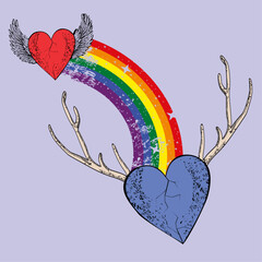T-shirt design of two hearts joined by a rainbow. Gay pride.