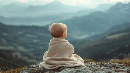 A baby wrapped in a cozy blanket, sitting on a mountain peak, with a vast sky and mountains in the background.