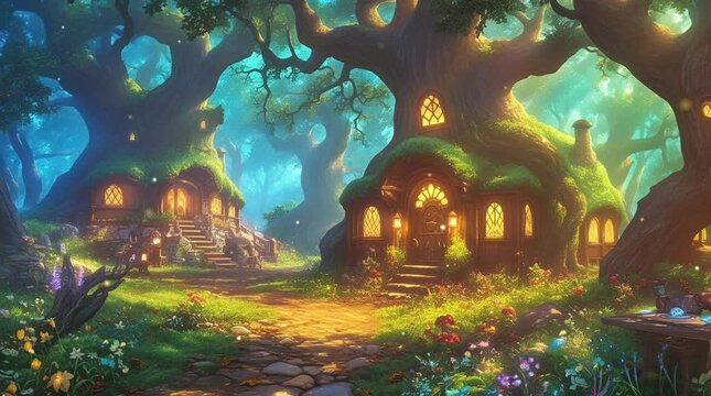 Magical treehouse in a glowing fantasy forest with mystical atmosphere  
Seamless looping 4k time-lapse virtual video animation Generated AI