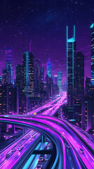 Fototapeta premium A vibrant urban skyline is illuminated at night with neon lights, towering skyscrapers, and busy highways creating a dynamic atmosphere