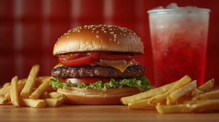 A close-up of a classic fast food meal with a burger, crispy fries, and a cold drink.