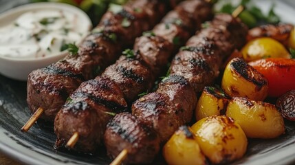 A close-up of lamb kebabs served with a side of grilled vegetables and a drizzle of yogurt sauce.