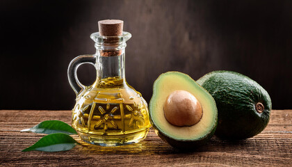 oil and ripe sparkling avocado on rustic timber desk