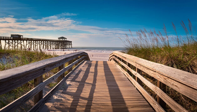Fototapeta atlantic ocean background boardwalk through dune grass to the atlantic ocean with a pier in the background myrtle beach south carolina