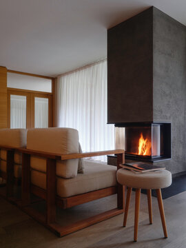 Nordic Lounge With Burning Fireplace