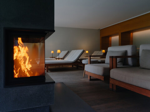 Minimalist Wellness Lounge With Fireplace