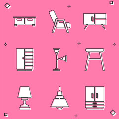 Set Chest of drawers, Armchair, Wardrobe, Floor lamp, Chair, Table and Chandelier icon. Vector