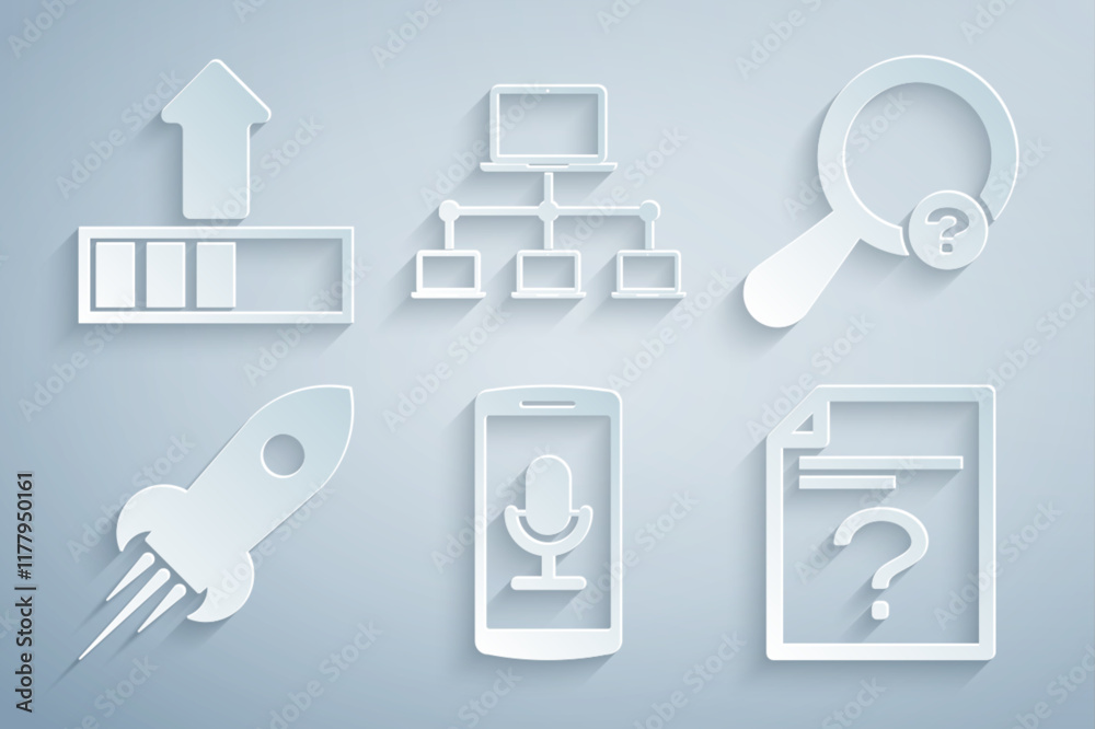 Poster set mobile recording, unknown search, rocket ship with fire, document, computer network and loading 