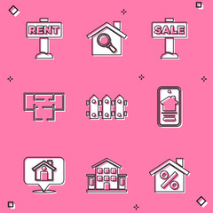 Set Hanging sign with Rent, Search house, Sale, House plan, Garden fence wooden, Online real estate, Location and icon. Vector