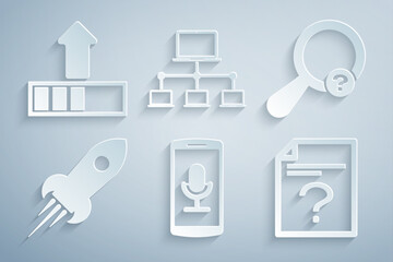 Set Mobile recording, Unknown search, Rocket ship with fire, document, Computer network and Loading icon. Vector