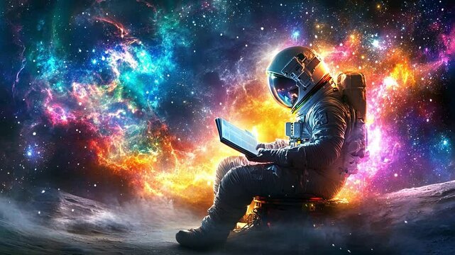 Astronaut reading in vibrant cosmic setting amid swirling galaxies and colorful nebulae