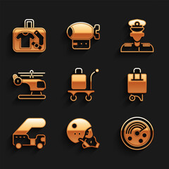 Set Trolley baggage, Modern pilot helmet, Radar with targets on monitor, Suitcase, Passenger ladder, Helicopter, Pilot and icon. Vector