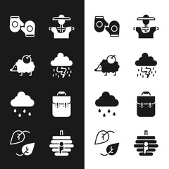 Set Storm, Hedgehog, Christmas mitten, Scarecrow, Cloud with rain, School backpack, Hive for bees and Leaf icon. Vector