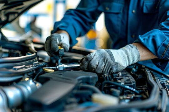 Close up of mechanic repairing engine with wrenches in boutique garage for automotive campaign