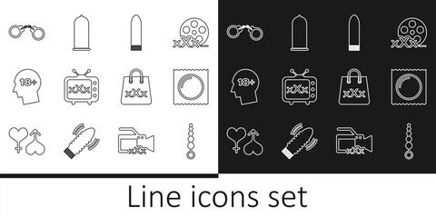 Set line Anal beads, Condom in package, Dildo vibrator, Sex tv old television, Head with 18 plus, Handcuffs, Shopping bag triple X and safe sex icon. Vector