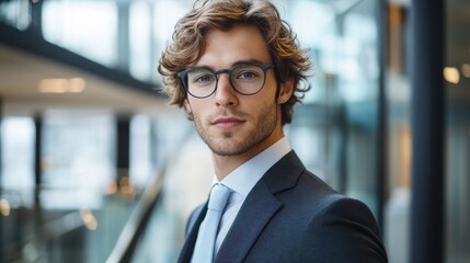 Fototapeta premium Confident young man wearing glasses in modern office environment