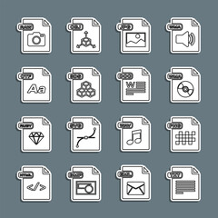 Set line TXT file document, PNG, WMA, JPG, 3DS, OTF, RAW and DOC icon. Vector