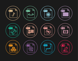 Set line AI file document, MP4, MAX, DOC, MSG, MP3, WMA and XML icon. Vector