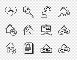 Set line House with dollar, Hanging sign For Rent, Man dreaming about buying house, contract, heart shape, key, and Sale icon. Vector