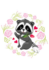 Happy raccoon in floral wreath with pink roses